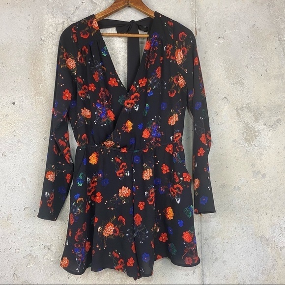 Gianni Bini black red yellow floral long sleeve faux wrap romper small - Picture 2 of 8
